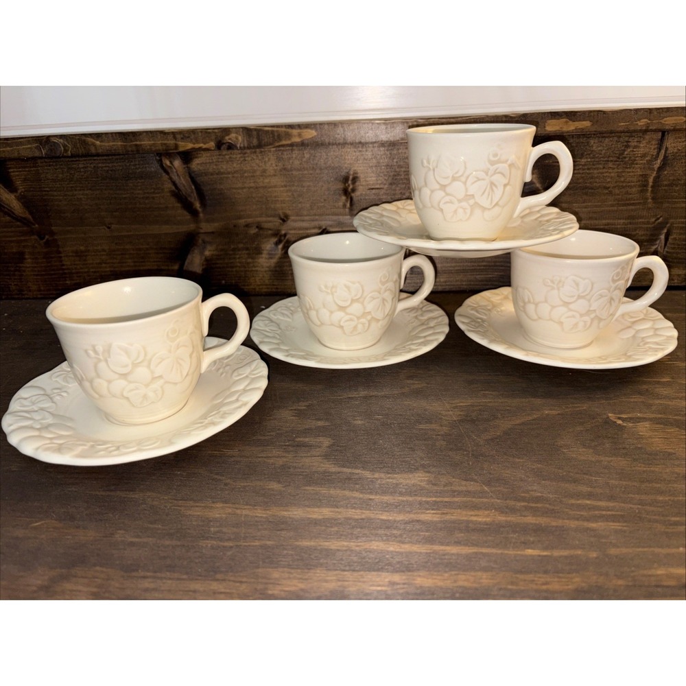 Set of 4 Metlox Poppytrail Antique Grape Ivory Embossed Cups and Saucers